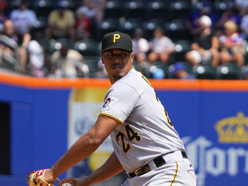 Aug 16, 2023; New York City, New York, USA; Pittsburgh Pirates pitcher Johan Oviedo (24) delivers a pitch against the New York Mets during the first inning at Citi Field. Mandatory Credit: Gregory Fisher-USA TODAY Sports