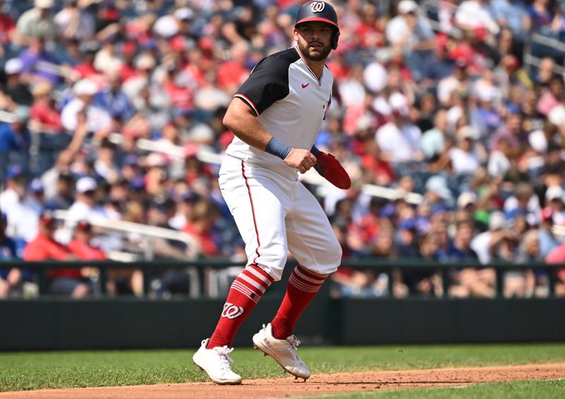 Sep 1, 2024; Washington, District of Columbia, USA; Washington Nationals first baseman Juan Yepez (18) holds at third base against the Chicago Cubs during the second inning at Nationals Park. Mandatory Credit: Rafael Suanes-USA TODAY Sports