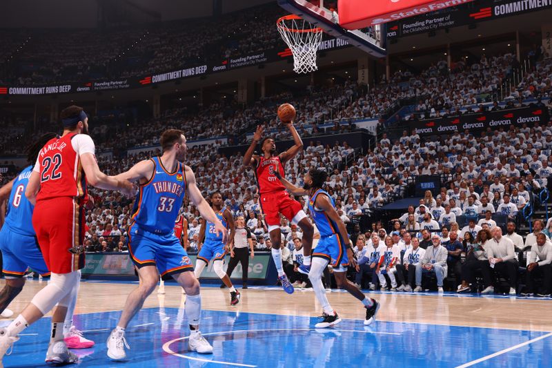 OKLAHOMA CITY, OK - APRIL 24: Herb Jones #5 of the New Orleans Pelicans shoots the ball during the game against the Oklahoma City Thunder during Round 1 Game 2 of the 2024 NBA Playoffs on April 24, 2024 at Paycom Arena in Oklahoma City, Oklahoma. NOTE TO USER: User expressly acknowledges and agrees that, by downloading and or using this photograph, User is consenting to the terms and conditions of the Getty Images License Agreement. Mandatory Copyright Notice: Copyright 2024 NBAE (Photo by Zach Beeker/NBAE via Getty Images)