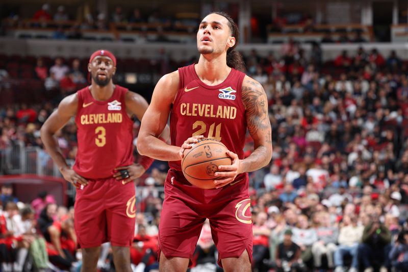 CHICAGO, IL - OCTOBER 18: Jalon Tyson #24 of the Cleveland Cavaliers shots a free throw during the game against the Chicago Bulls on October 18, 2024 at United Center in Chicago, Illinois. NOTE TO USER: User expressly acknowledges and agrees that, by downloading and or using this photograph, User is consenting to the terms and conditions of the Getty Images License Agreement. Mandatory Copyright Notice: Copyright 2023 NBAE (Photo by Jeff Haynes/NBAE via Getty Images)