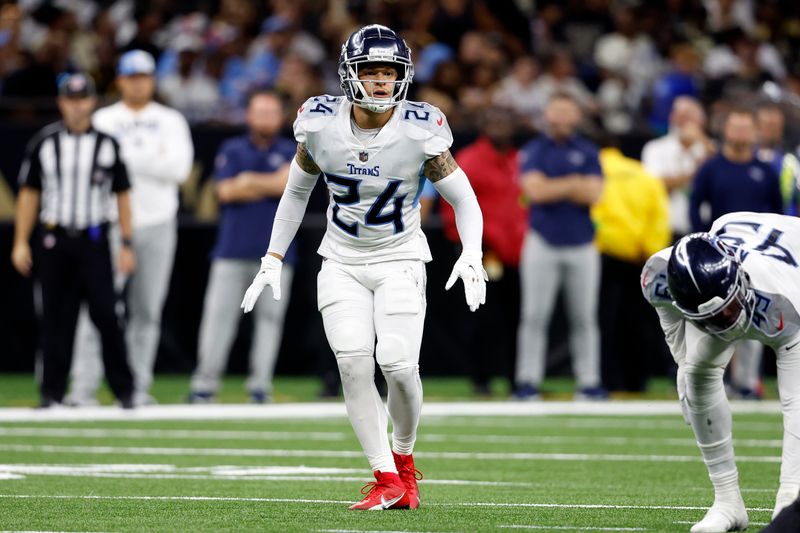 Tennessee Titans cornerback Elijah Molden (24) during an NFL football game against the New Orleans Saints, Sunday, Sep. 10, 2023, in New Orleans. (AP Photo/Tyler Kaufman)