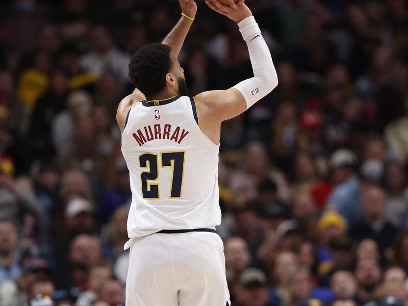 DENVER, COLORADO - FEBRUARY 04: Jamal Murray #27 of the Denver Nuggets puts up a shot against the Portland Trail Blazers in the second quarter at Ball Arena on February 04, 2024 in Denver, Colorado.  NOTE TO USER: User expressly acknowledges and agrees that, by downloading and or using this photograph, User is consenting to the terms and conditions of the Getty Images License Agreement.  (Photo by Matthew Stockman/Getty Images)