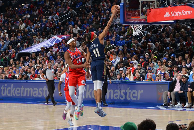 PHILADELPHIA, PA - JANUARY 10: Brandon Boston Jr. #11 of the New Orleans Pelicans drives to the basket during the game against the Philadelphia 76ers on January 10, 2025 at the Wells Fargo Center in Philadelphia, Pennsylvania NOTE TO USER: User expressly acknowledges and agrees that, by downloading and/or using this Photograph, user is consenting to the terms and conditions of the Getty Images License Agreement. Mandatory Copyright Notice: Copyright 2025 NBAE (Photo by Jesse D. Garrabrant/NBAE via Getty Images)