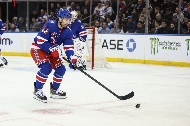 Feb 26, 2026; New York, New York, USA;  New York Rangers left wing Conor Sheary (43) chases the puck in the second period against the Philadelphia Flyers at Madison Square Garden. Mandatory Credit: Wendell Cruz-Imagn Images