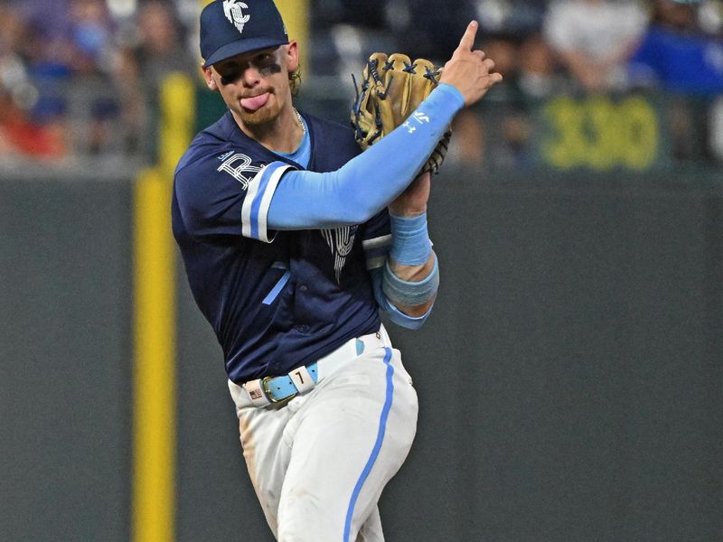 Jun 28, 2024; Kansas City, Missouri, USA;  Kansas City Royals shortstop Bobby Witt Jr. (7) throws to first base for an out in the seventh inning against the Cleveland Guardians at Kauffman Stadium. Mandatory Credit: Peter Aiken-USA TODAY Sports