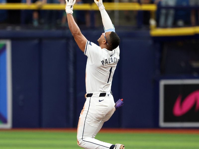 May 30, 2024; St. Petersburg, Florida, USA; Tampa Bay Rays outfielder Richie Palacios (1) celebrates after hitting a walk off RBI single against the Oakland Athletics during the eleventh inning at Tropicana Field. Mandatory Credit: Kim Klement Neitzel-USA TODAY Sports