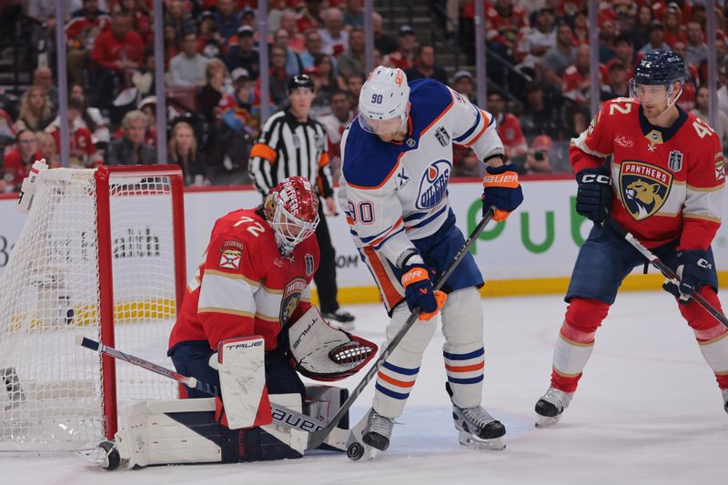 Jun 9, 2025; Sunrise, Florida, USA; Florida Panthers goaltender Sergei Bobrovsky (72) defends against Edmonton Oilers right wing Corey Perry (90) during the first period in game three of the 2025 Stanley Cup Final at Amerant Bank Arena. Mandatory Credit: Sam Navarro-Imagn Images