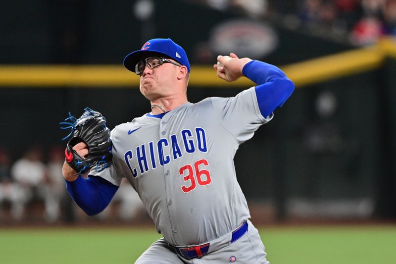 Apr 17, 2024; Phoenix, Arizona, USA;  Chicago Cubs pitcher Jordan Wicks (36) throws in the first inning against the Arizona Diamondbacks at Chase Field. Mandatory Credit: Matt Kartozian-USA TODAY Sports