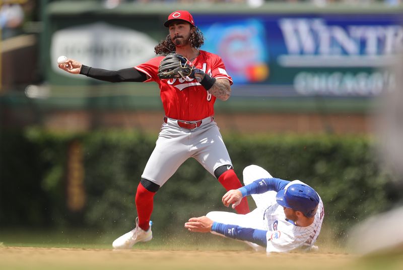 May 31, 2024; Chicago, Illinois, USA; Cincinnati Reds second baseman Jonathan India (6) throws the ball to first base for a double play during the third inning against the Chicago Cubs at Wrigley Field. Mandatory Credit: Melissa Tamez-USA TODAY Sports