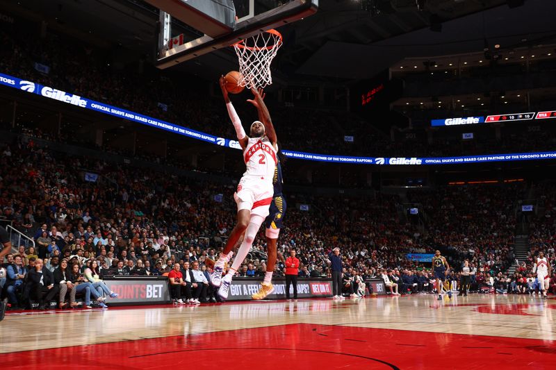 TORONTO, CANADA - APRIL 9:  Jalen McDaniels #2 of the Toronto Raptors goes to the basket during the game on April 9, 2024 at the Scotiabank Arena in Toronto, Ontario, Canada.  NOTE TO USER: User expressly acknowledges and agrees that, by downloading and or using this Photograph, user is consenting to the terms and conditions of the Getty Images License Agreement.  Mandatory Copyright Notice: Copyright 2024 NBAE (Photo by Vaughn Ridley/NBAE via Getty Images)