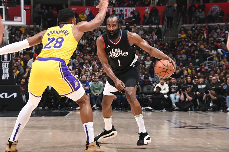 LOS ANGELES, CA - FEBRUARY 28: James Harden #1 of the LA Clippers dribbles the ball during the game against the Los Angeles Lakers on February 28, 2024 at Crypto.Com Arena in Los Angeles, California. NOTE TO USER: User expressly acknowledges and agrees that, by downloading and/or using this Photograph, user is consenting to the terms and conditions of the Getty Images License Agreement. Mandatory Copyright Notice: Copyright 2024 NBAE (Photo by Andrew D. Bernstein/NBAE via Getty Images)