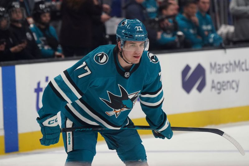 Mar 6, 2026; San Jose, California, USA; San Jose Sharks center Michael Misa (77) warms up before the game against the St. Louis Blues at SAP Center at San Jose. Mandatory Credit: David Gonzales-Imagn Images
