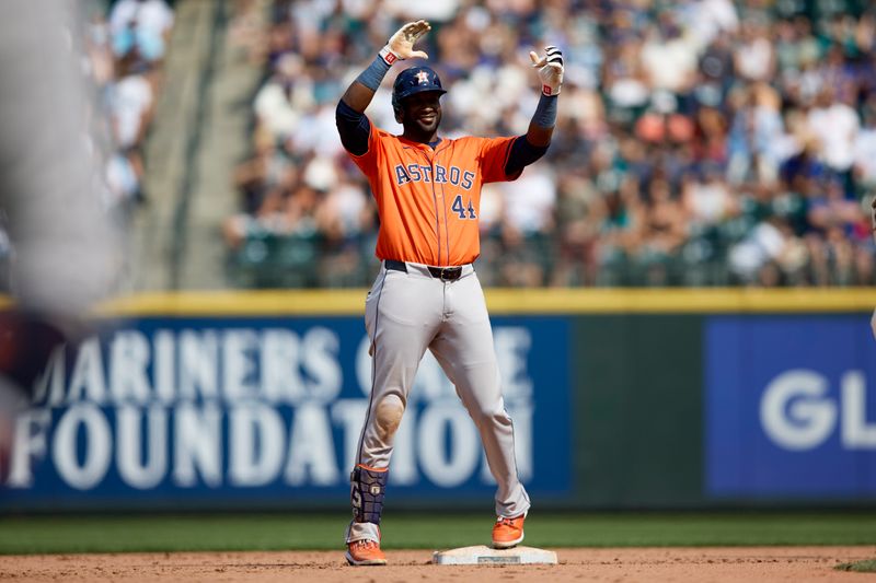 Jul 21, 2024; Seattle, Washington, USA; Houston Astros designated hitter Yordan Alvarez (44) celebrates his double against the Seattle Mariners during the eighth inning to complete the cycle at T-Mobile Park. Mandatory Credit: John Froschauer-USA TODAY Sports