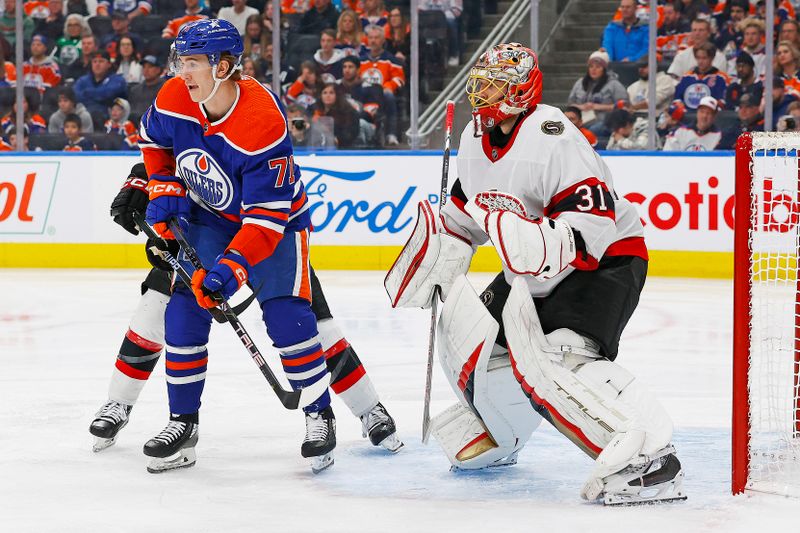 Jan 6, 2024; Edmonton, Alberta, CAN; Edmonton Oilers forward Ryan McLeod (71) looks for a pass in front of Ottawa Senators goaltender Anton Forsberg (31) during the third period at Rogers Place. Mandatory Credit: Perry Nelson-USA TODAY Sports