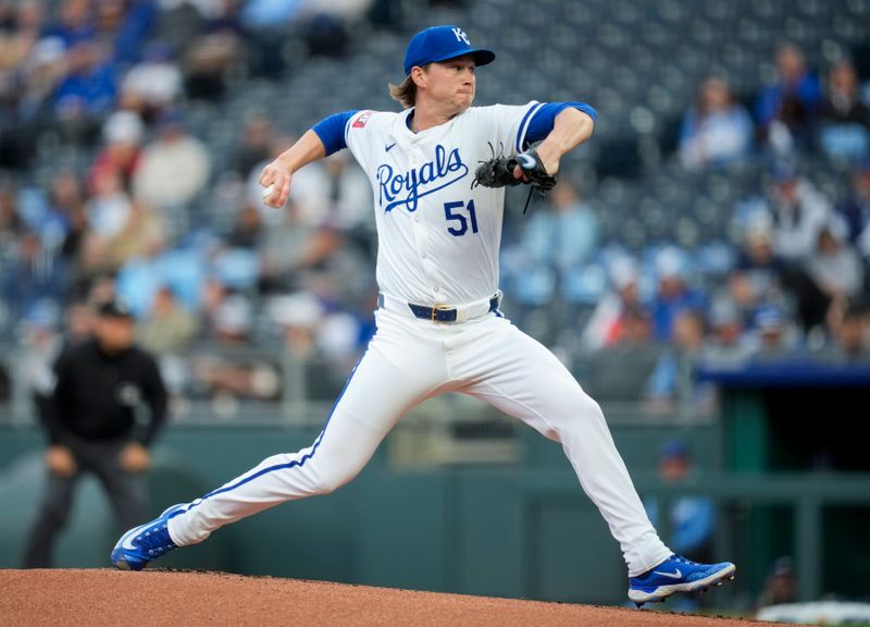 Apr 22, 2024; Kansas City, Missouri, USA; Kansas City Royals pitcher Brady Singer (51) pitches during the first inning against the Toronto Blue Jays at Kauffman Stadium. Mandatory Credit: Jay Biggerstaff-USA TODAY Sports