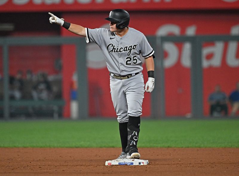 Sep 6, 2023; Kansas City, Missouri, USA; Chicago White Sox designated hitter Andrew Vaughn (25) reacts after hitting a double in the eighth inning against the Kansas City Royals at Kauffman Stadium. Mandatory Credit: Peter Aiken-USA TODAY Sports