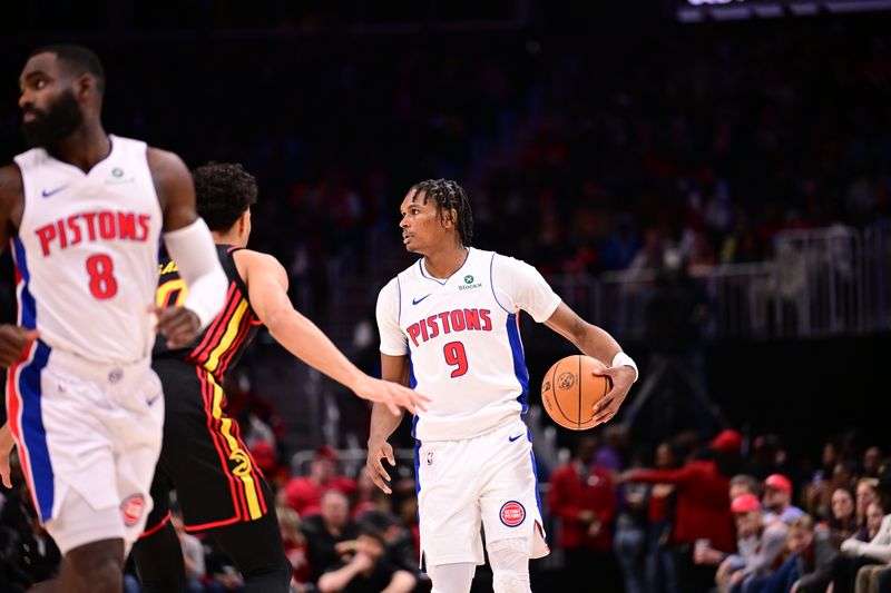 ATLANTA, GA - FEBRUARY 23: Ausar Thompson #9 of the Detroit Pistons handles the ball during the game against the Atlanta Hawks on February 23, 2025 at State Farm Arena in Atlanta, Georgia.  NOTE TO USER: User expressly acknowledges and agrees that, by downloading and/or using this Photograph, user is consenting to the terms and conditions of the Getty Images License Agreement. Mandatory Copyright Notice: Copyright 2025 NBAE (Photo by Adam Hagy/NBAE via Getty Images)