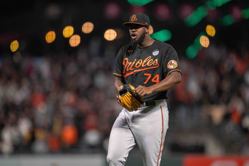 Jun 2, 2023; San Francisco, California, USA;  Baltimore Orioles relief pitcher Felix Bautista (74) celebrates after the game against the San Francisco Giants at Oracle Park. Mandatory Credit: Neville E. Guard-USA TODAY Sports