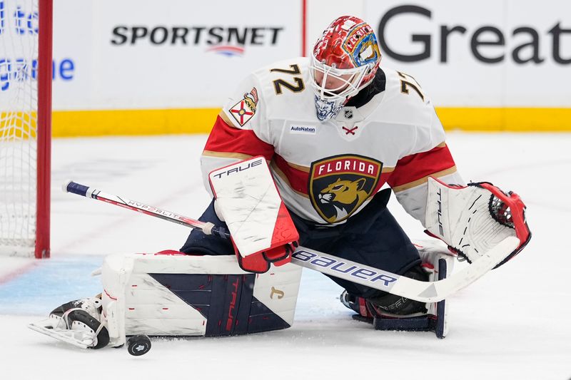 May 18, 2025; Toronto, Ontario, CAN; Florida Panthers goaltender Sergei Bobrovsky (72) makes a pad save against the Toronto Maple Leafs during the third period of game seven of the second round of the 2025 Stanley Cup Playoffs at Scotiabank Arena. Mandatory Credit: John E. Sokolowski-Imagn Images