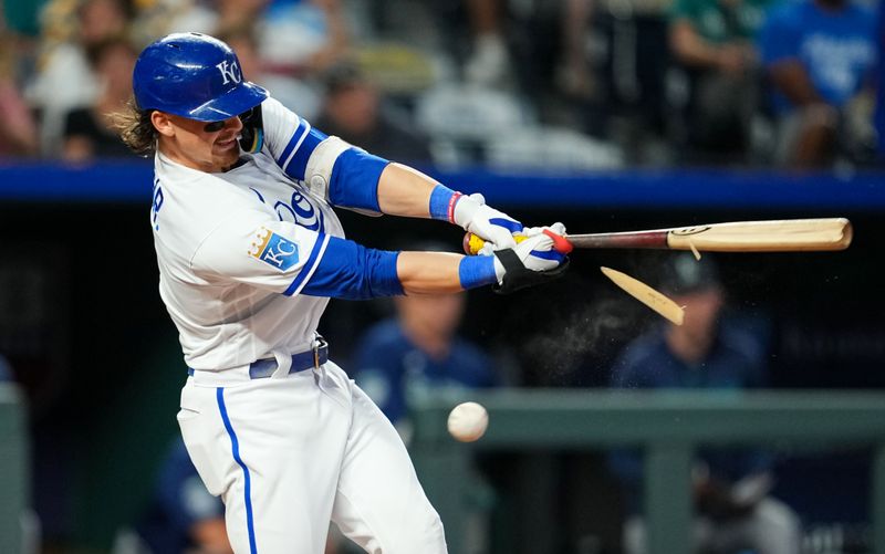 Aug 14, 2023; Kansas City, Missouri, USA; Kansas City Royals shortstop Bobby Witt Jr. (7) breaks his bat during the fifth inning against the Seattle Mariners at Kauffman Stadium. Mandatory Credit: Jay Biggerstaff-USA TODAY Sports