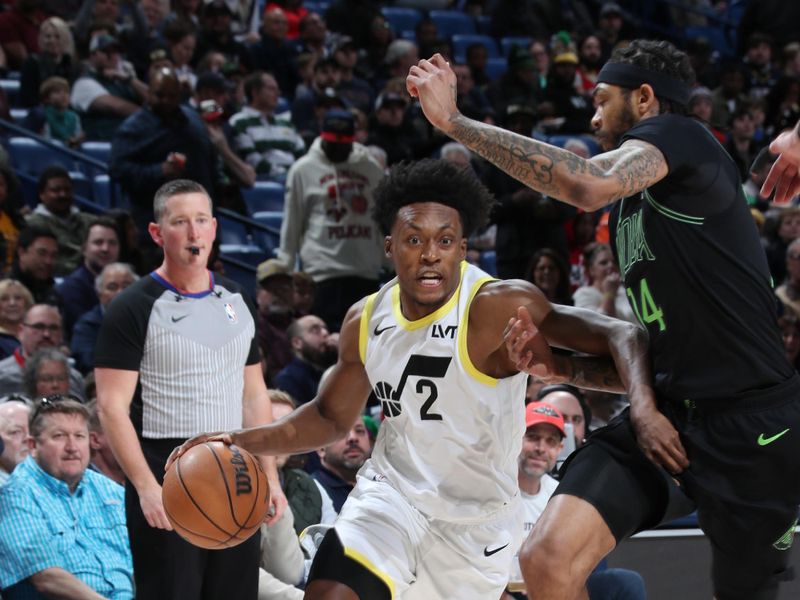 NEW ORLEANS, LA - JANUARY 23: Colin Sexton #2 of the Utah Jazz dribbles the ball during the game against the New Orleans Pelicans on January 23, 2024 at the Smoothie King Center in New Orleans, Louisiana. NOTE TO USER: User expressly acknowledges and agrees that, by downloading and or using this Photograph, user is consenting to the terms and conditions of the Getty Images License Agreement. Mandatory Copyright Notice: Copyright 2024 NBAE (Photo by Layne Murdoch Jr./NBAE via Getty Images)