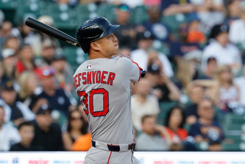 May 14, 2025; Detroit, Michigan, USA;  Boston Red Sox outfielder Rob Refsnyder (30) hits a RBI sacrifice fly in the first inning against the Detroit Tigers at Comerica Park. Mandatory Credit: Rick Osentoski-Imagn Images