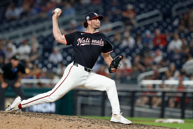 Jun 4, 2025; Washington, District of Columbia, USA; Washington Nationals closing pitcher Kyle Finnegan (67) pitches against the Chicago Cubs during the ninth inning at Nationals Park. Mandatory Credit: Geoff Burke-Imagn Images
