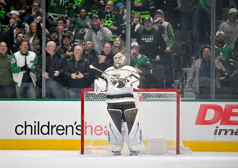 Jan 16, 2024; Dallas, Texas, USA; The Dallas Stars cheer as Los Angeles Kings goaltender Cam Talbot (39) allows a goal to the Stars during the third period at the American Airlines Center. Mandatory Credit: Jerome Miron-USA TODAY Sports