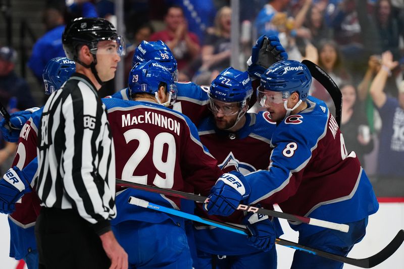 May 17, 2024; Denver, Colorado, USA; Colorado Avalanche right wing Mikko Rantanen (96) celebrates his goal with center Nathan MacKinnon (29) and left wing Jonathan Drouin (27) and defenseman Cale Makar (8) and left wing Artturi Lehkonen (62) in the second period against the Dallas Stars in game six of the second round of the 2024 Stanley Cup Playoffs at Ball Arena. Mandatory Credit: Ron Chenoy-USA TODAY Sports