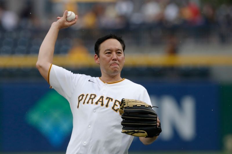 Jul 15, 2023; Pittsburgh, Pennsylvania, USA;   Actor and comedian Steve Byrne of the television show Sullivan & Son throws out a ceremonial first pitch before the Pittsburgh Pirates play the San Francisco Giants at PNC Park. Mandatory Credit: Charles LeClaire-USA TODAY Sports