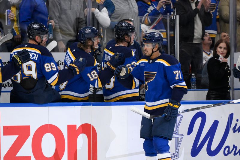 Oct 15, 2024; St. Louis, Missouri, USA; St. Louis Blues right wing Mathieu Joseph (71) is congratulated by teammates after scoring a goal against the Minnesota Wild during the third period at Enterprise Center. Mandatory Credit: Jeff Le-Imagn Images