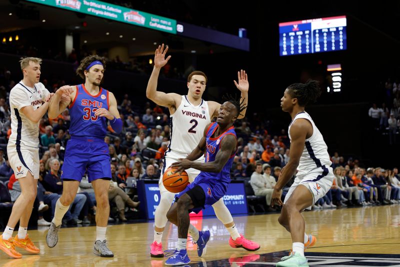 Jan 15, 2025; Charlottesville, Virginia, USA; Southern Methodist Mustangs guard Boopie Miller (2) controls the ball as Virginia Cavaliers forward Elijah Saunders (2) defends during the first half at John Paul Jones Arena. Mandatory Credit: Amber Searls-Imagn Images