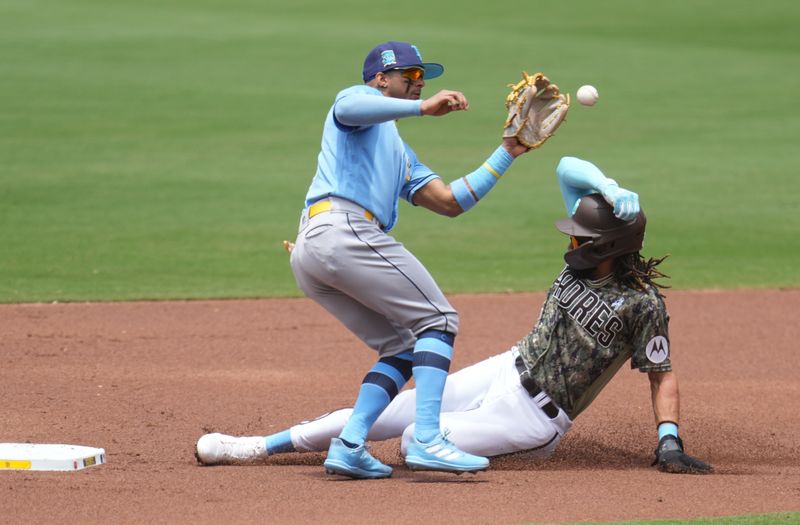 Jun 18, 2023; San Diego, California, USA;  San Diego Padres right fielder Fernando Tatis Jr. (23) steals second base against the Tampa Bay Rays during the first inning at Petco Park. Mandatory Credit: Ray Acevedo-USA TODAY Sports