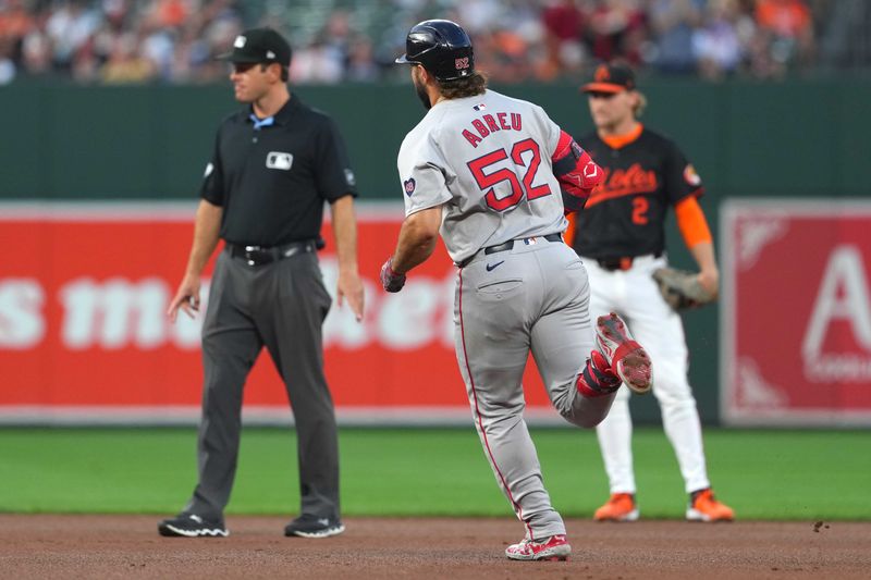 Aug 15, 2024; Baltimore, Maryland, USA; Boston Red Sox outfielder Wilyer Abreu (52) rounds the bases following his fourth inning solo home run against the Baltimore Orioles at Oriole Park at Camden Yards. Mandatory Credit: Mitch Stringer-USA TODAY Sports