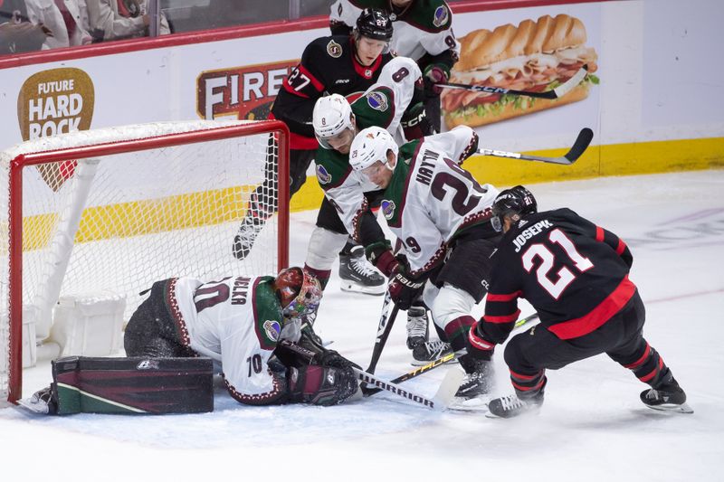 Mar 1, 2024; Ottawa, Ontario, CAN; Arizona Coyotes goalie Karel Vejmelka (70) makes a save in front of Ottawa Senators right wing Mathieu Joseph (21) in the third period at the Canadian Tire Centre. Mandatory Credit: Marc DesRosiers-USA TODAY Sports