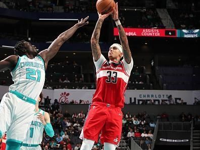 CHARLOTTE, NC - NOVEMBER 22: Kyle Kuzma #33 of the Washington Wizards shoots the ball during the game against the Charlotte Hornets on November 22, 2023 at Spectrum Center in Charlotte, North Carolina. NOTE TO USER: User expressly acknowledges and agrees that, by downloading and or using this photograph, User is consenting to the terms and conditions of the Getty Images License Agreement. Mandatory Copyright Notice: Copyright 2023 NBAE (Photo by Kent Smith/NBAE via Getty Images)