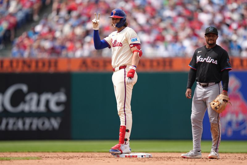 Apr 19, 2025; Philadelphia, Pennsylvania, USA; Philadelphia Phillies infielder Alec Bohm (28) reacts after hitting a double against the Miami Marlins in the fifth inning at Citizens Bank Park. Mandatory Credit: Kyle Ross-Imagn Images