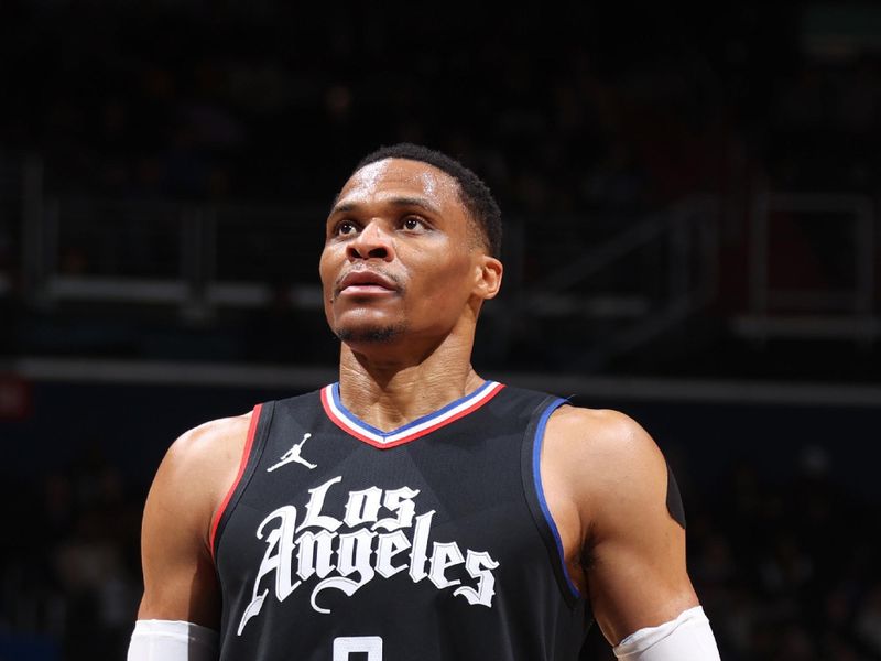 WASHINGTON, DC -? JANUARY 31:  Russell Westbrook #0 of the LA Clippers shoots a free throw during the game on January 31, 2024 at Capital One Arena in Washington, DC. NOTE TO USER: User expressly acknowledges and agrees that, by downloading and or using this Photograph, user is consenting to the terms and conditions of the Getty Images License Agreement. Mandatory Copyright Notice: Copyright 2024 NBAE (Photo by Stephen Gosling/NBAE via Getty Images)