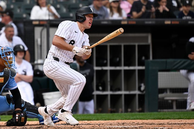 Jun 7, 2025; Chicago, Illinois, USA;  Chicago White Sox catcher Kyle Teel (8) singles during the eighth inning against the Kansas City Royals at Rate Field. Mandatory Credit: Matt Marton-Imagn Images