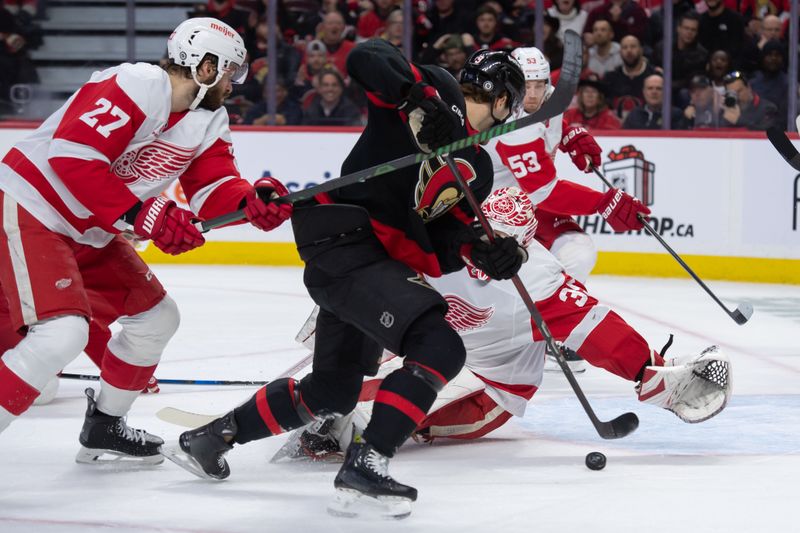 Dec 5, 2024; Ottawa, Ontario, CAN;  Ottawa Senators center Josh Norris (9) maneuvers the puck around Detroit Red Wings goalie Ville Husso (35) in the first period at the Canadian Tire Centre. Mandatory Credit: Marc DesRosiers-Imagn Images