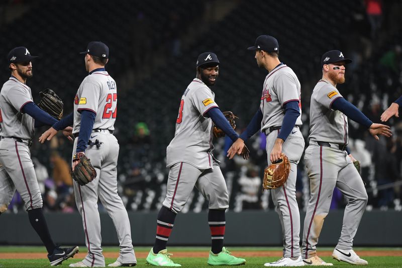 Apr 29, 2025; Denver, Colorado, USA; Atlanta Braves outfielder Michael Harris II (23) celebrates with teammates after a win against the Colorado Rockies at Coors Field. Mandatory Credit: Christopher Hanewinckel-Imagn Images