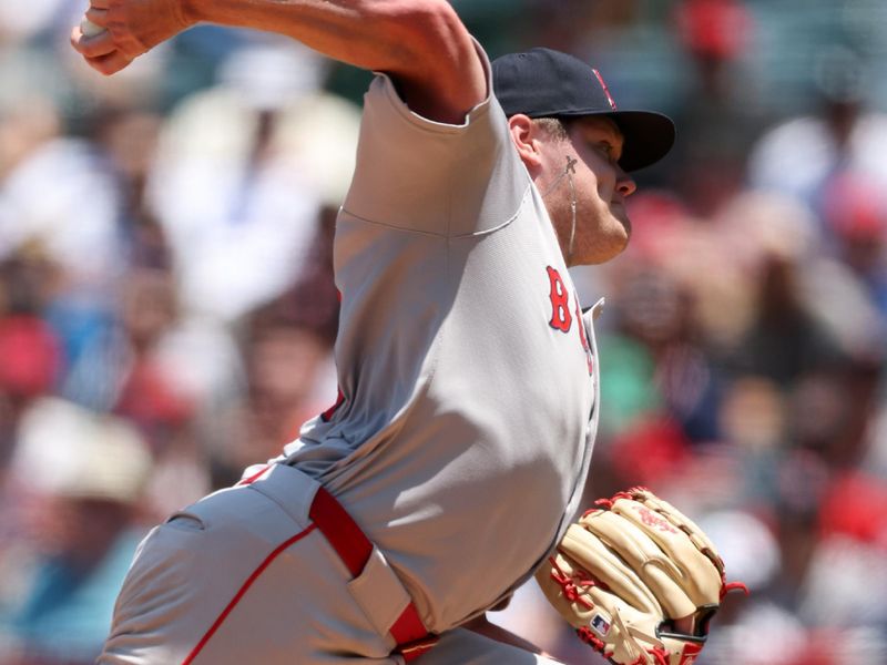Jun 25, 2025; Anaheim, California, USA;  Boston Red Sox starting pitcher Richard Fitts (80) pitches during the first inning against the Los Angeles Angels at Angel Stadium. Mandatory Credit: Kiyoshi Mio-Imagn Images