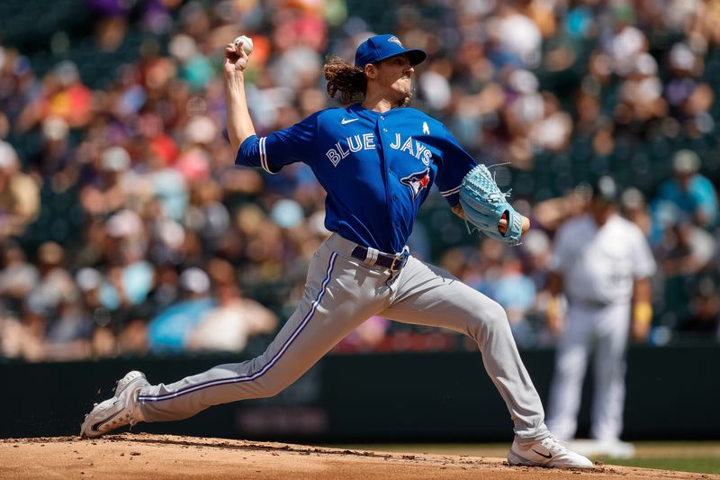 Sep 3, 2023; Denver, Colorado, USA; Toronto Blue Jays starting pitcher Kevin Gausman (34) pitches in the first inning against the Colorado Rockies at Coors Field. Mandatory Credit: Isaiah J. Downing-USA TODAY Sports