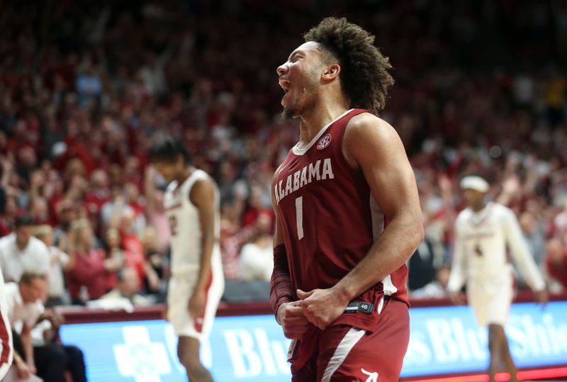 Mar 9, 2024; Tuscaloosa, Alabama, USA; Alabama guard Mark Sears (1) celebrates as Alabama closes out the win over Arkansas at Coleman Coliseum. Alabama came from behind to win on overtime 92-88. Mandatory Credit: Gary Cosby Jr.-USA TODAY Sports