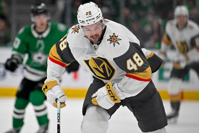 Apr 22, 2024; Dallas, Texas, USA; Vegas Golden Knights center Tomas Hertl (48) skates against the Dallas Stars during the third period in game one of the first round of the 2024 Stanley Cup Playoffs at the American Airlines Center. Mandatory Credit: Jerome Miron-USA TODAY Sports