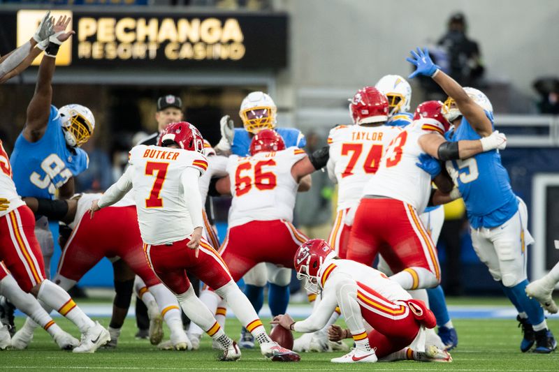 Kansas City Chiefs place kicker Harrison Butker (7) kicks for a field goal during an NFL football game against the Los Angeles Chargers, Sunday, Jan. 7, 2024, in Inglewood, Calif. (AP Photo/Kyusung Gong)