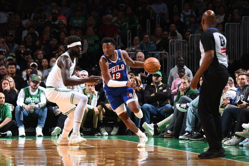 BOSTON, MA - OCTOBER 12: Justin Edwards #19 of the Philadelphia 76ers handles the ball during the game against the Boston Celtics during a NBA Preseason game on October 12, 2024 at TD Garden in Boston, Massachusetts. NOTE TO USER: User expressly acknowledges and agrees that, by downloading and/or using this Photograph, user is consenting to the terms and conditions of the Getty Images License Agreement. Mandatory Copyright Notice: Copyright 2024 NBAE (Photo by Brian Babineau/NBAE via Getty Images)