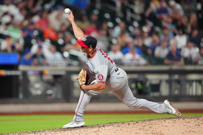 Jul 10, 2024; New York City, New York, USA; Washington Nationals pitcher Jacob Barnes (59) delivers a pitch against the Washington Nationals during the eighth inning at Citi Field. Mandatory Credit: Gregory Fisher-USA TODAY Sports