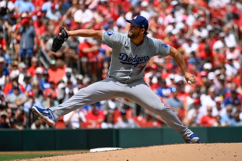 Aug 18, 2024; St. Louis, Missouri, USA; Los Angeles Dodgers starting pitcher Clayton Kershaw (22) pitches against the St. Louis Cardinals in the first inning at Busch Stadium. Mandatory Credit: Joe Puetz-USA TODAY Sports