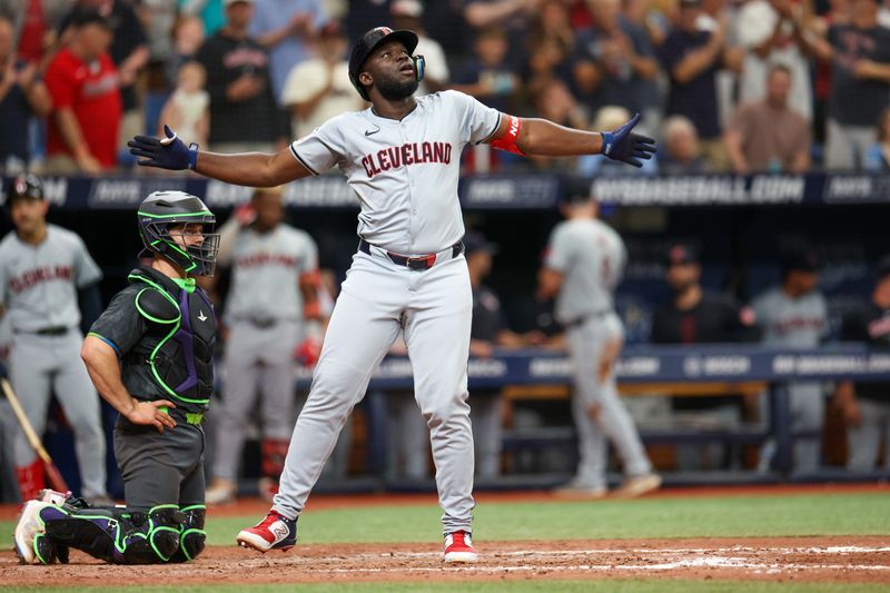 Jul 13, 2024; St. Petersburg, Florida, USA; Cleveland Guardians outfielder Jhonkensy Noel (43) runs the bases after hitting a two run home run against the Tampa Bay Rays in the eighth inning  at Tropicana Field. Mandatory Credit: Nathan Ray Seebeck-USA TODAY Sports